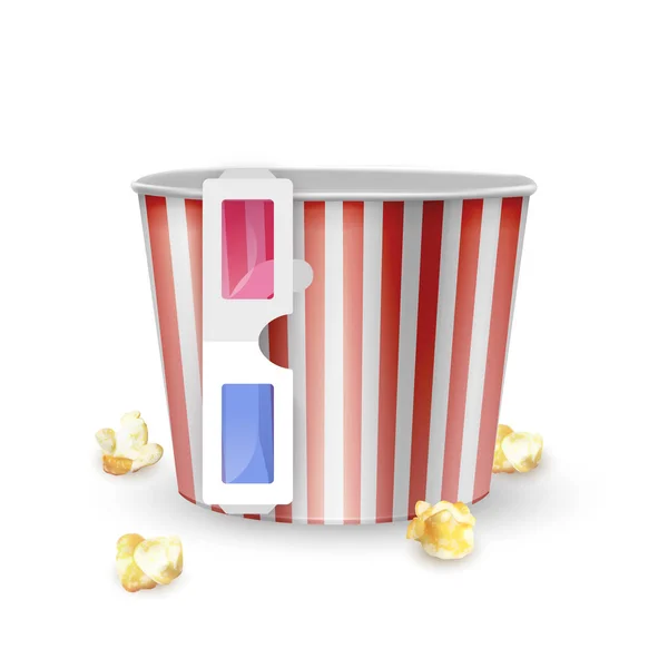 Leere Popcorn-Eimer und 3D-Gläser auf weißem Hintergrund, realistische Vektorillustration — Stockvektor
