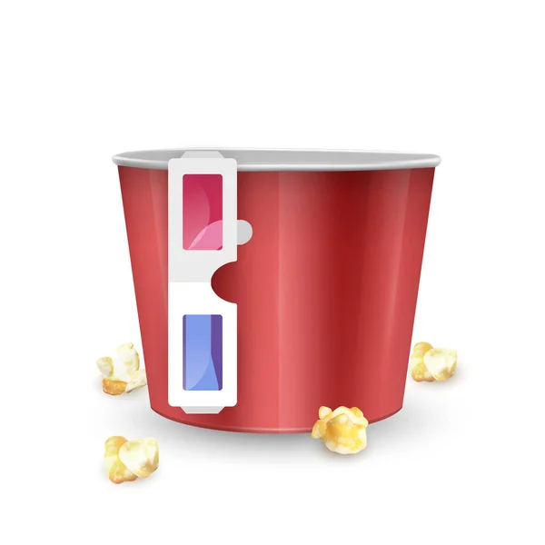 Cubo de palomitas de maíz vacío y vasos 3d sobre fondo blanco, ilustración vectorial realista — Vector de stock