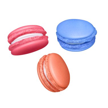 Macaron seti. Gerçekçi Lezzetli Renkli Fransız Macaroons. Beyaz arka planda yalıtılmış, Vektör Çizimi