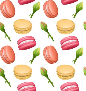Fransız tatlı macaroons ve gül ile Dikişsiz desen. Taze fırın. Gıda endüstrisinde duvar kağıtları, posterler, ambalaj kağıdı için kullanılabilir. Vektör Eps10
