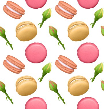 Fransız tatlı macaroons ve gül ile Dikişsiz desen. Taze fırın. Gıda endüstrisinde duvar kağıtları, posterler, ambalaj kağıdı için kullanılabilir. Vektör Eps10