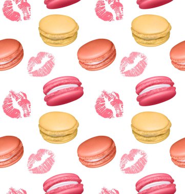 Fransız tatlı makaronlar ve ruj baskılar ile dikişsiz desen. Gıda endüstrisinde duvar kağıtları, posterler, ambalaj kağıdı için kullanılabilir. Vektör Eps10
