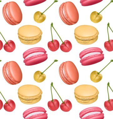 Fransız tatlı macaroons ve kiraz ile Dikişsiz desen. Taze fırın. Gıda endüstrisinde duvar kağıtları, posterler, ambalaj kağıdı için kullanılabilir. Vektör Eps10