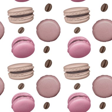 Fransız tatlı macaroons ve kahve çekirdekleri ile Dikişsiz desen. Taze fırın. Gıda endüstrisinde duvar kağıtları, posterler, ambalaj kağıdı için kullanılabilir. Vektör Eps10