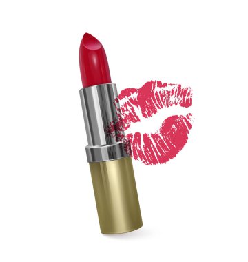 Beyaz arka planda yüzünüzü makyaj için ruj. Kırmızı ruj, makyaj kozmetikleri. Gerçekçi Vektör illüstrasyon