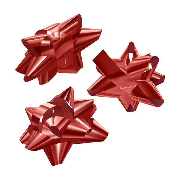 Uppsättning av röda, festliga rosetter i olika vinklar på vit bakgrund, vektor illustration — Stock vektor