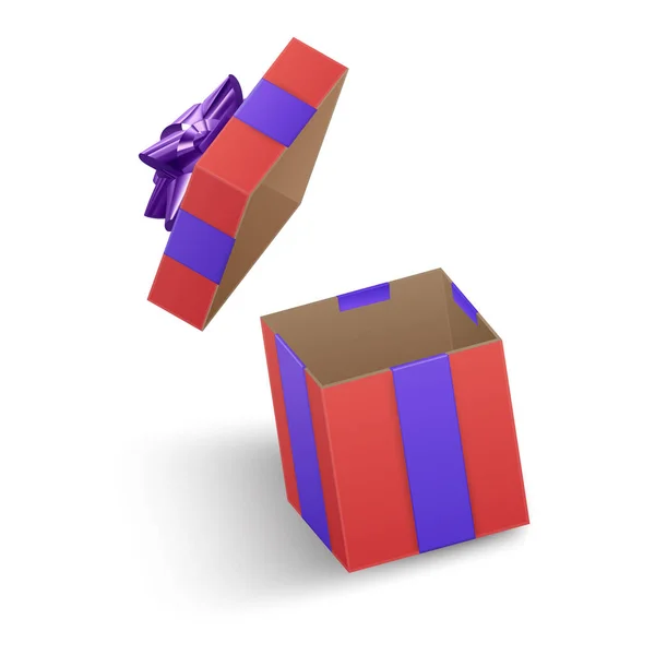 Красная подарочная коробка с фиолетовой подарочной лентой, пустая коробка с крышкой, векторная иллюстрация — стоковый вектор