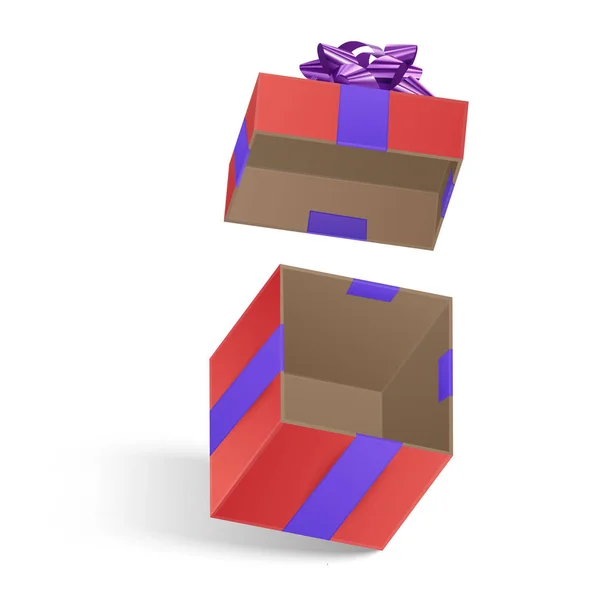 La caja de regalo roja con cinta de regalo púrpura, caja vacía con tapa, ilustración vectorial — Vector de stock