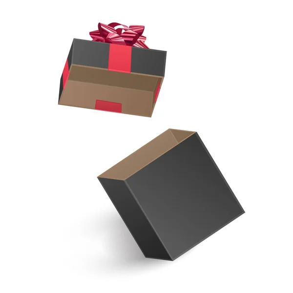 黑色礼品盒，带红色礼品丝带，带盖子的空盒子，矢量插图 — 图库矢量图片