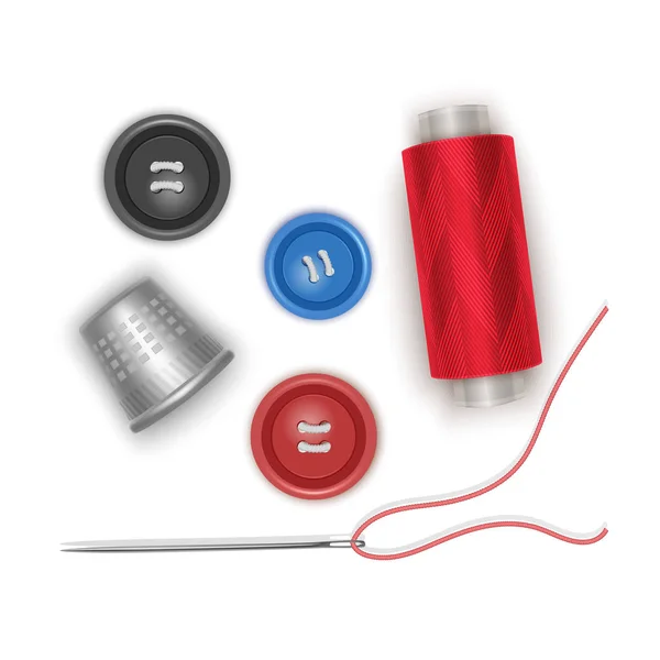 바느질, 바늘, 버튼 및 고글을 가진 빨간 실, 현실적인 스타일, 벡터 일러스트레이션을 위한 아이템 세트 — 스톡 벡터