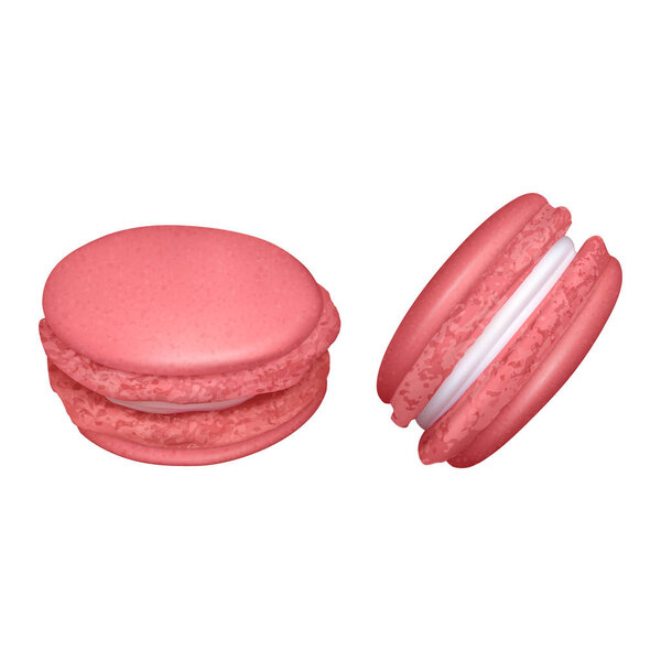 Set of macaroons on white background with groups of two almond cakes from different angles vector illustration