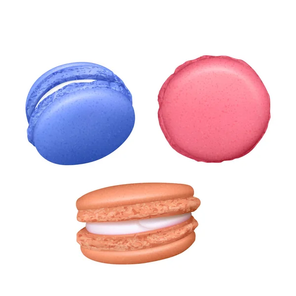 Conjunto de Macarons. Macarrones franceses coloridos sabrosos realistas. Aislado sobre fondo blanco, ilustración vectorial — Vector de stock