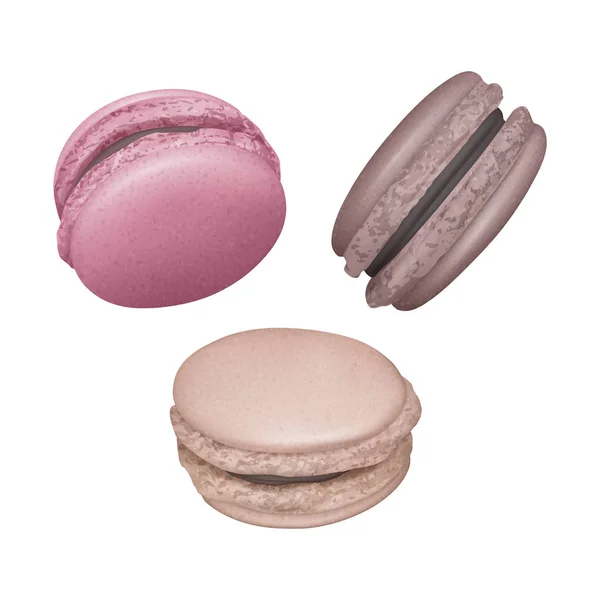 Conjunto de macarrones con relleno de chocolate en diferentes ángulos, macarrones franceses sobre fondo blanco, ilustración vectorial — Vector de stock