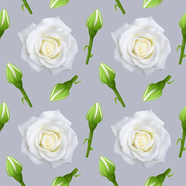 Bezešvé vzory s realistickými bílými růžemi na šedém pozadí lze použít pro tapety, plakáty a balicí papír. Vektorová ilustrace — Stockový vektor