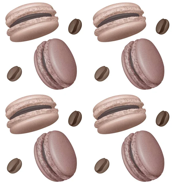 Modello senza cuciture con macaron dolci francesi e chicchi di caffè. Pasticceria fresca. Può essere utilizzato nell'industria alimentare per sfondi, manifesti, carta da imballaggio. Eps10 vettoriale — Vettoriale Stock