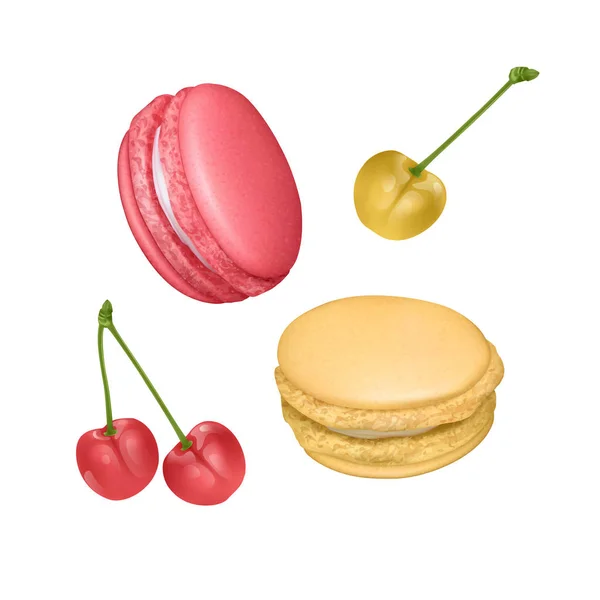 Conjunto de Macarons. Macarrones franceses coloridos sabrosos realistas. Aislado sobre fondo blanco, ilustración vectorial — Vector de stock