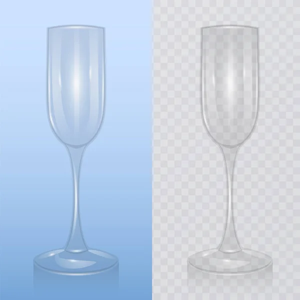 Bicchiere di champagne vuoto, su sfondo trasparente. Falsificazione, modello di vetreria per bevande alcoliche flauto champagne, Illustrazione vettoriale realistica — Vettoriale Stock