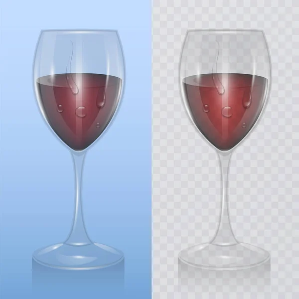 Διαφανές γυάλινο ποτήρι κρασιού με κόκκινο κρασί, υπόδειγμα υαλουργίας για αλκοολούχα ποτά. Ρεαλιστική απεικόνιση διανυσματικών φορέων — Διανυσματικό Αρχείο