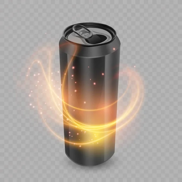 Plantilla para el diseño del paquete de bebidas energéticas, lata de aluminio de color negro, 3d, ilustración de Vector EPS 10 — Vector de stock