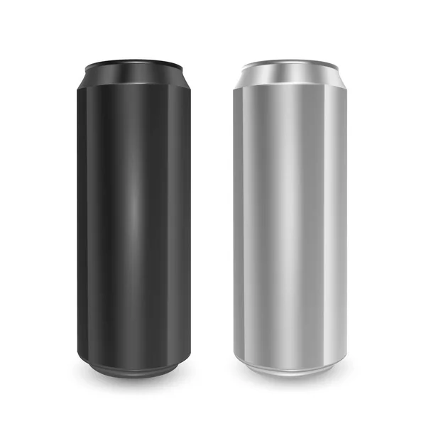 Set von Aluminiumdosen in schwarzen und silbernen Farben, isoliert auf weißem Hintergrund. das Bild des leeren Layouts für Ihr Design, 3D-Vektorillustration — Stockvektor
