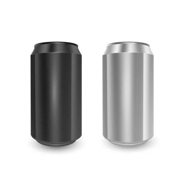 Set von Aluminiumdosen in schwarzen und silbernen Farben, isoliert auf weißem Hintergrund. das Bild des leeren Layouts für Ihr Design, 3D-Vektorillustration — Stockvektor
