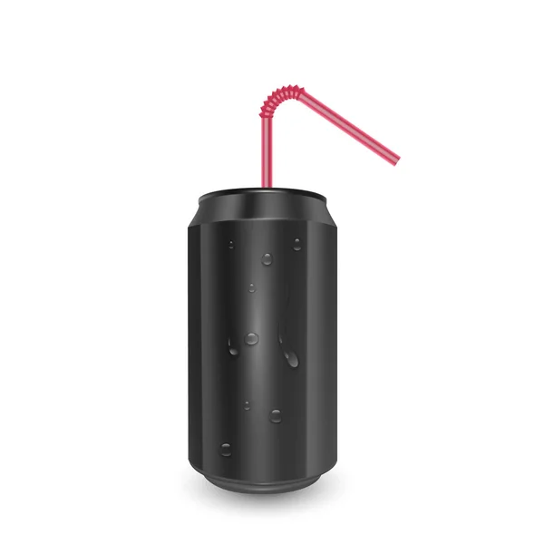 白い背景に隔離された黒色のアルミ缶、3Dベクトルイラストデザインのための空のレイアウトのイメージ、水滴付きボトル. — ストックベクタ