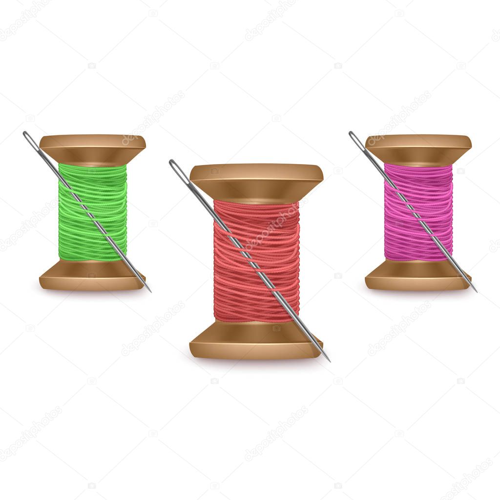 Set of threads with a needle of red, green and purple colors, Thread Spool Set. Colorful Wooden Bobbin. vector illustration