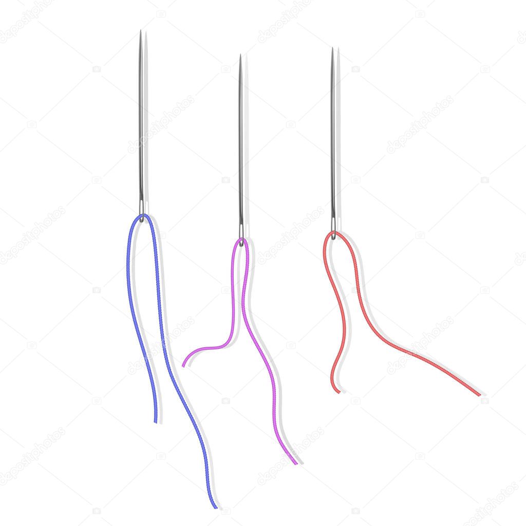 Set of Needles with Threads of Red, violet and blue colors, vector illustration