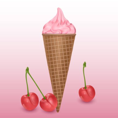 Gerçekçi bir tarzda dondurma. açık arka plan üzerinde kiraz dondurma vektör illüstrasyon