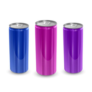 Mavi, Pembe ve Mor renkler, beyaz arka plan üzerinde izole Alüminyum cans seti. Tasarımınız için boş düzenin görüntüsü, 3d vektör Çizimi