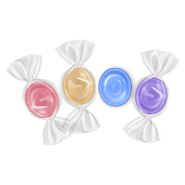 Ensemble de bonbons réalistes, sucettes aux fruits colorés, caramels isolés sur fond blanc, illustration vectorielle — Image vectorielle