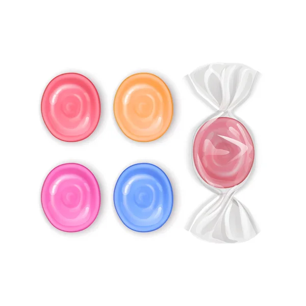 Ensemble de bonbons réalistes, sucettes aux fruits colorés, caramels isolés sur fond blanc, illustration vectorielle — Image vectorielle