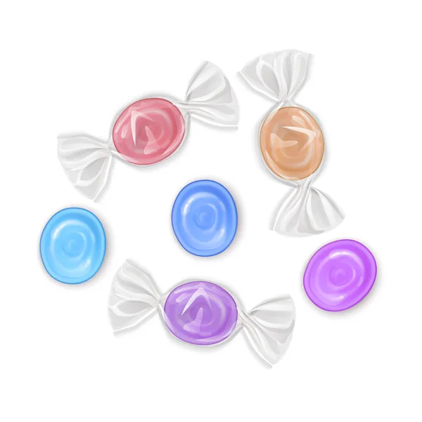 Ensemble de bonbons réalistes, sucettes aux fruits colorés, caramels isolés sur fond blanc, illustration vectorielle — Image vectorielle