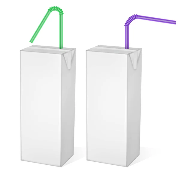 Le confezioni di cartone di latte o succo isolato su sfondo chiaro. Pacchetti di cartone, Pacchetto bianco Mockup, Modello realistico, illustrazione vettoriale — Vettoriale Stock