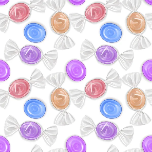 Bezszwowy wzór z realistycznymi słodyczami, kolorowymi lizaki owocowe. Może być stosowany w przemyśle spożywczym do tapet, plakatów, papieru do pakowania. Ilustracja wektorowa Eps10 — Wektor stockowy