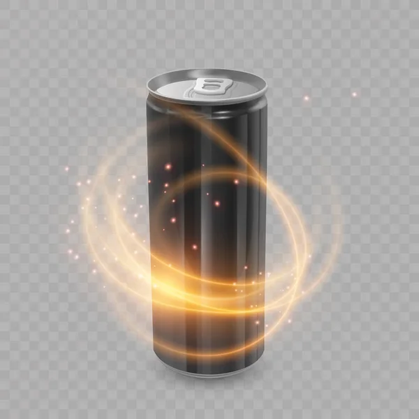 Plantilla para el diseño del paquete de bebidas energéticas, lata de aluminio de color negro, 3d, ilustración de Vector EPS 10 — Vector de stock