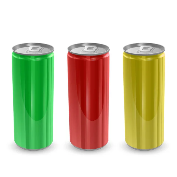 Set de latas de aluminio de colores amarillo, verde y rojo, aisladas sobre fondo blanco. La imagen de la disposición vacía para su diseño, 3D vector Ilustración — Vector de stock