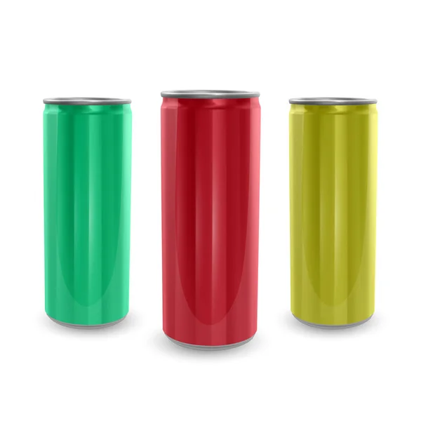 Set of Aluminum cans of yellow,green and red colors, isolated on white background. The image of the empty layout for your design, 3D vector Illustration — Stock Vector