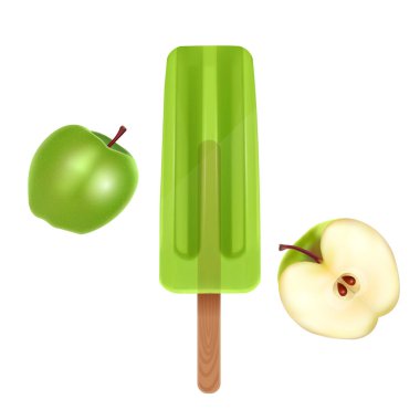 Dondurma beyaz arka planda izole edilmiş, Apple aromalı yeşil buzlu dondurma, gerçekçi 3D illüstrasyon, Vector Eps 10