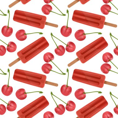 Kusursuz desenli, gerçekçi buzlu şekerler, kırmızı meyveli dondurmalar ve olgun kirazlarla desenli. Yemek endüstrisinde duvar kağıtları, posterler, ambalaj kağıtları için kullanılabilir. Vektör Eps10 illüstrasyonu