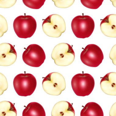 Beyaz arka planda kırmızı elmalar sonsuz desen, gıda endüstrisinde duvar kağıtları, posterler, ambalaj kağıtları için kullanılabilir. Vektör illüstrasyonu