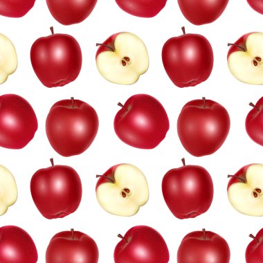 Beyaz arka planda kırmızı elmalar sonsuz desen, gıda endüstrisinde duvar kağıtları, posterler, ambalaj kağıtları için kullanılabilir. Vektör illüstrasyonu