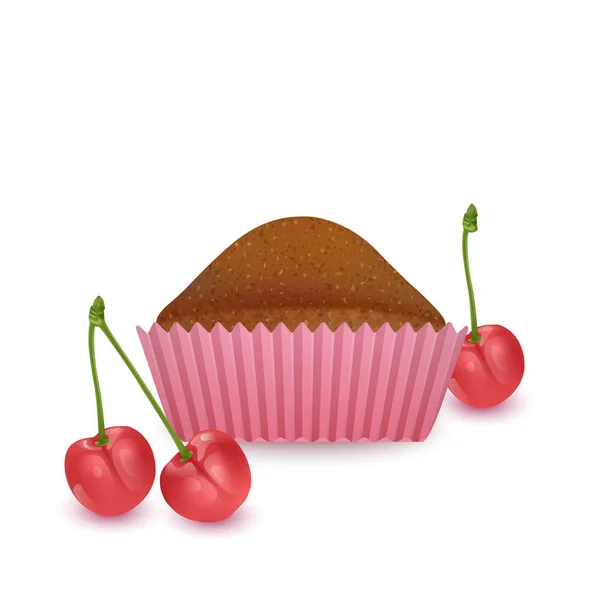 Dulce magdalena sobre fondo blanco, pastel de sabor a cereza Concepto sobre el deseo de cumpleaños. Bonito postre para celebrar. Ilustración vectorial realista — Vector de stock