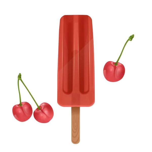 O sorvete isolado no fundo branco, o picolé vermelho com sabor a cereja, ilustração 3d realista —  Vetores de Stock