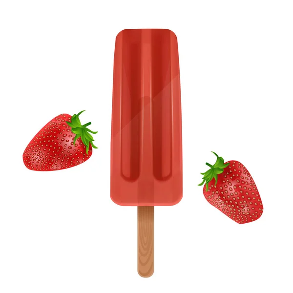 O sorvete isolado no fundo branco, o picolé vermelho com sabor de morango, ilustração 3d realista —  Vetores de Stock