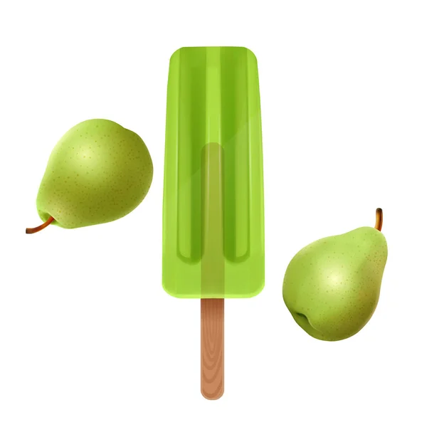 La crème glacée isolée sur fond blanc, la glace verte à saveur de poire, illustration 3D réaliste, Vector EPS 10 — Image vectorielle