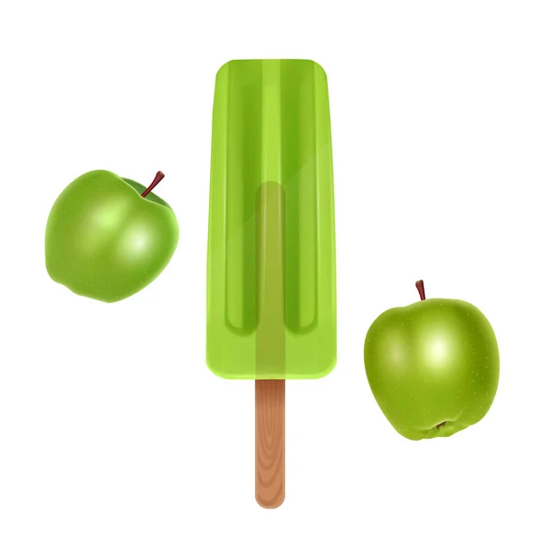 Das Eis isoliert auf weißem Hintergrund, das grüne Eis am Stiel mit Apfelgeschmack, realistische 3D-Illustration, Vektor Folge 10 — Stockvektor