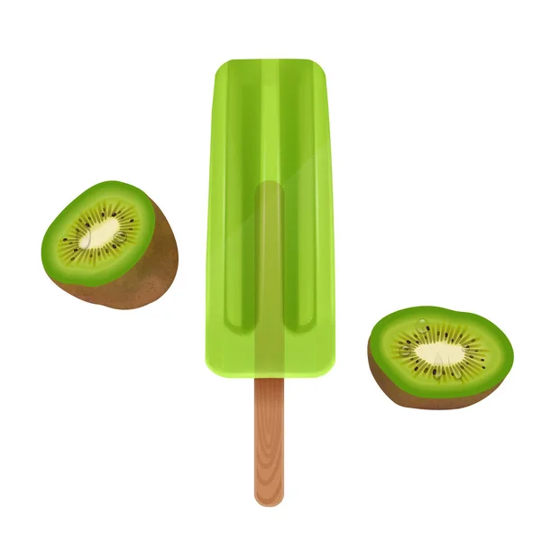 El helado aislado sobre fondo blanco, el paleta verde con sabor a kiwi, ilustración 3D realista, Vector EPS 10 — Vector de stock