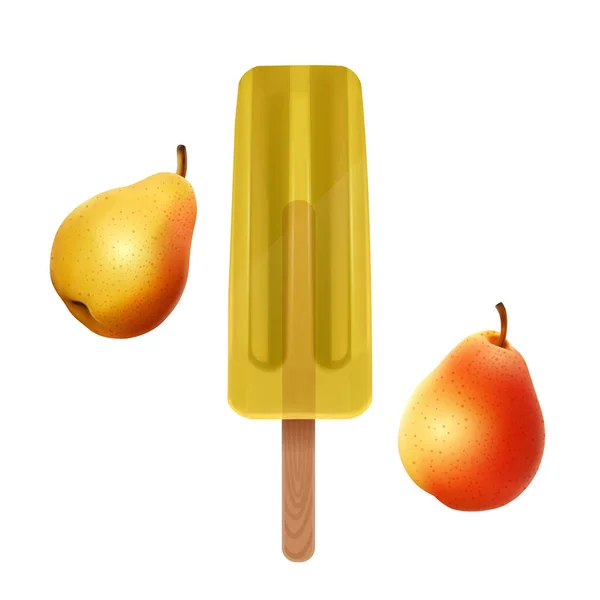 La crème glacée isolée sur fond blanc, la glace jaune à saveur de poire, illustration 3D réaliste, vecteur EPS 10 — Image vectorielle