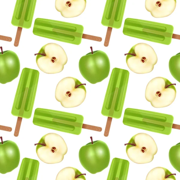 シームレスなパターン,現実的なアイスポプシクルと,グリーンフルーツアイスと熟したリンゴのパターン.壁紙、ポスター、包装紙の食品業界で使用することができます。ベクトルEps10のイラスト — ストックベクタ
